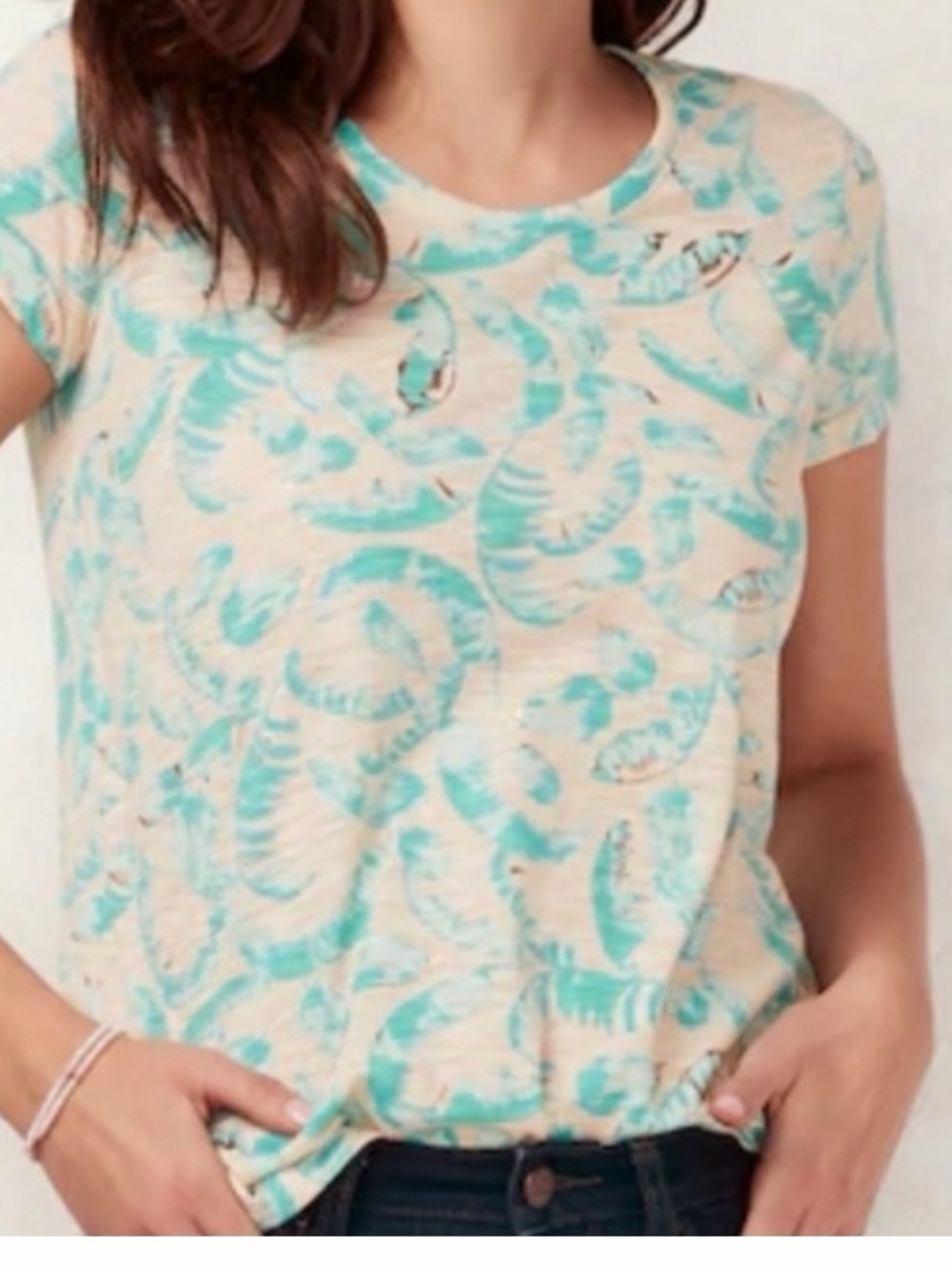 LC Lauren Conrad Cream Tee with Aqua Leaf Print